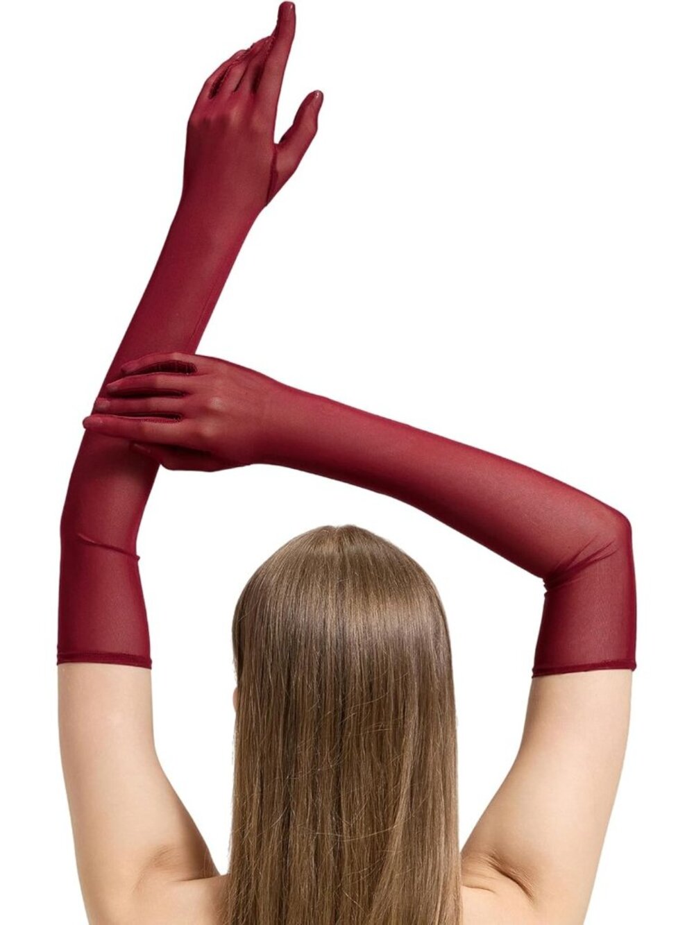 Women's Burgundy Elbow Stretchy Long Halloween Sheer Mesh Tulle Opera Gloves